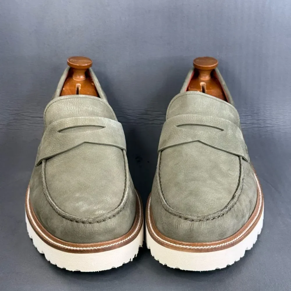 Cole Haan Olive Green Suede Penny Loafers with White Sole
